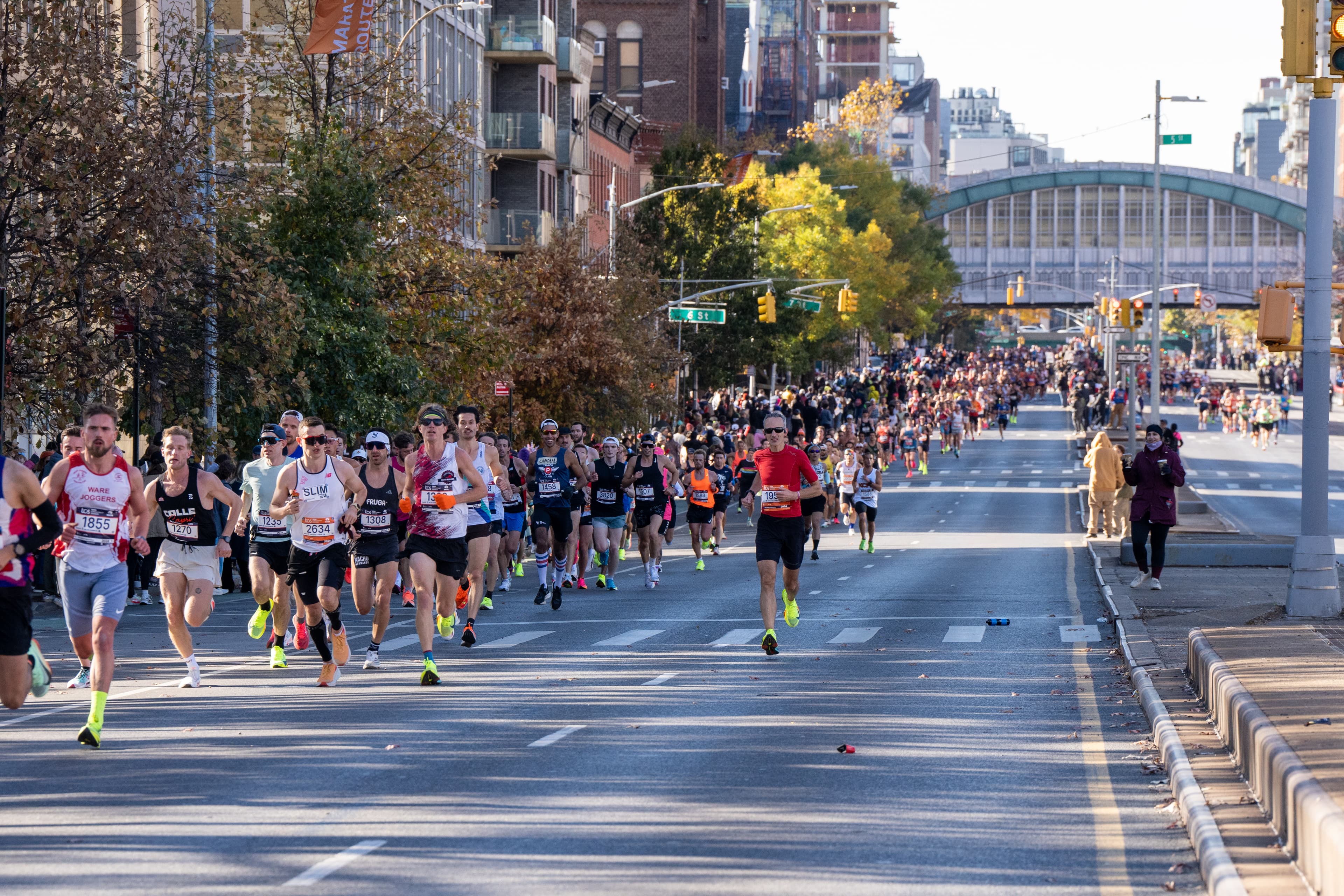 Elite runners on a wide New York avenue lined with autumn trees